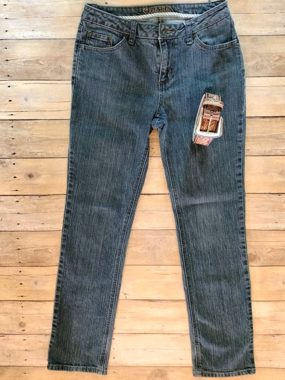 St John's Bay Straight Leg Jeans 6 Avg Mid-Rise Dark Wash 28x30 Embroidered Pock